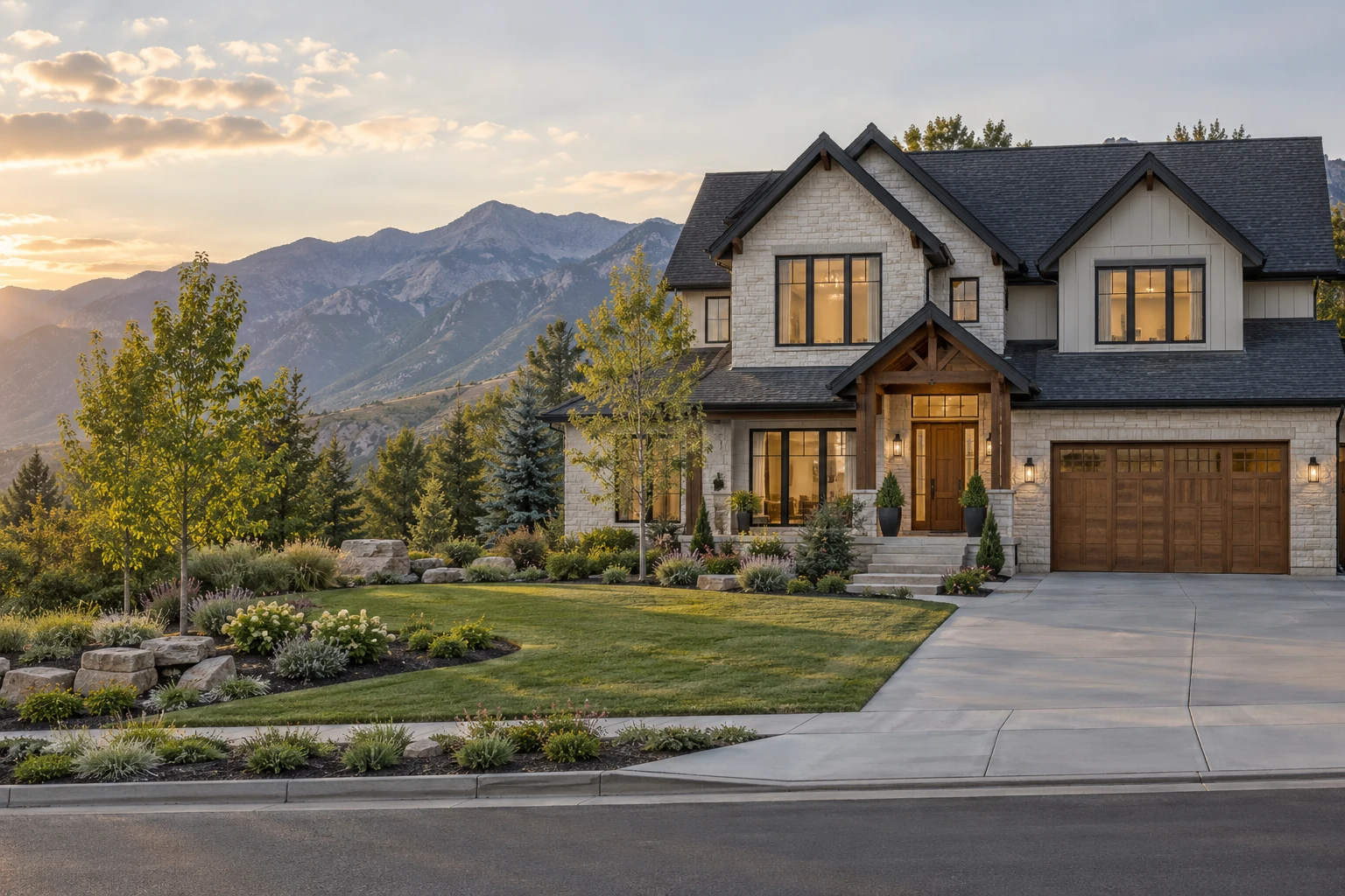 Illustrative mountain-inspired home with warm windows and a landscaped front yard